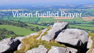 Panorama of N Cornwall from Stowe's Hill with caption Vision-fuelled Prayer